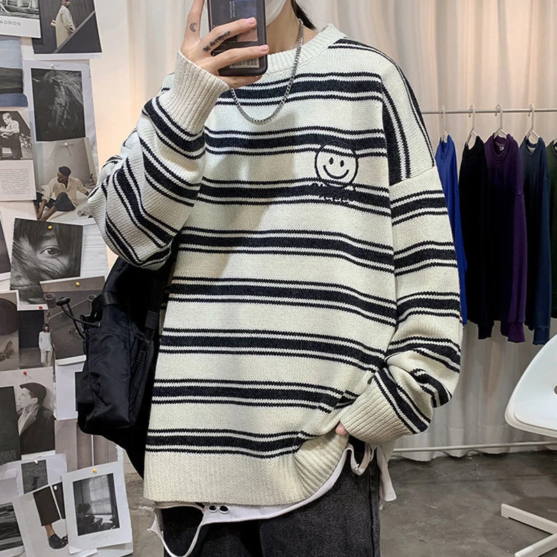 

Мужской осенне-зимний Простой повседневный модный свитер INXYZ в полоску со смайликом и вышивкой, Повседневный пуловер оверсайз, женская тепл...