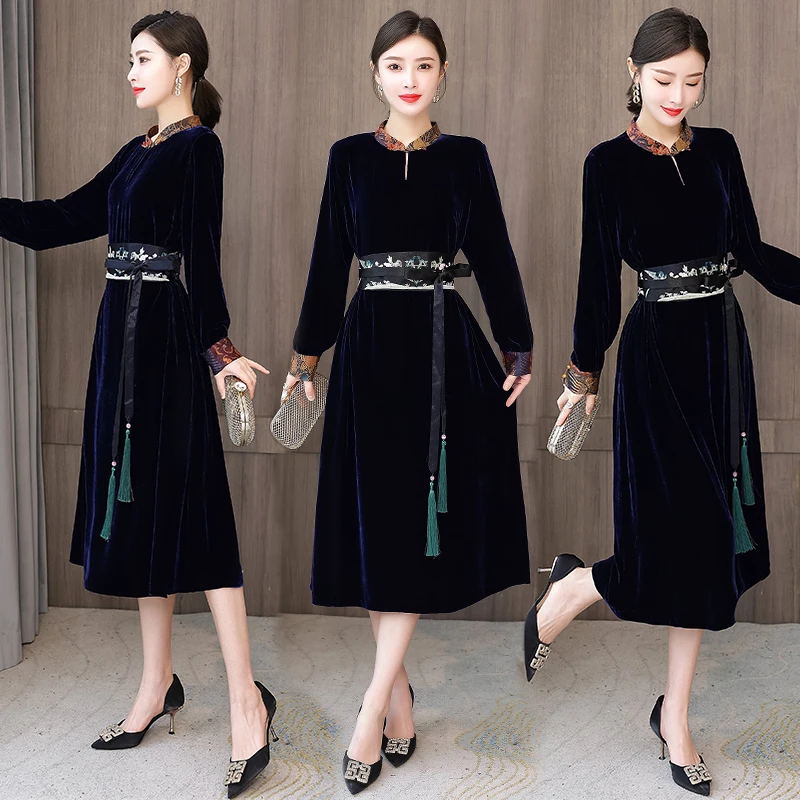

Women Dress Winter Autumn 2021 New Office Lady Vintage Print Long Sleeve Patchwork Loose Solid Stand Neck Navy Dresses Traf