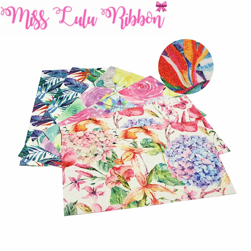 

8x13 inch (20x34cm) Printed Glitter Vinyl Ribbon Cut Piece 60Pcs Flower Series Watercolor Yellow Rose DIY Hair Bowknots Making