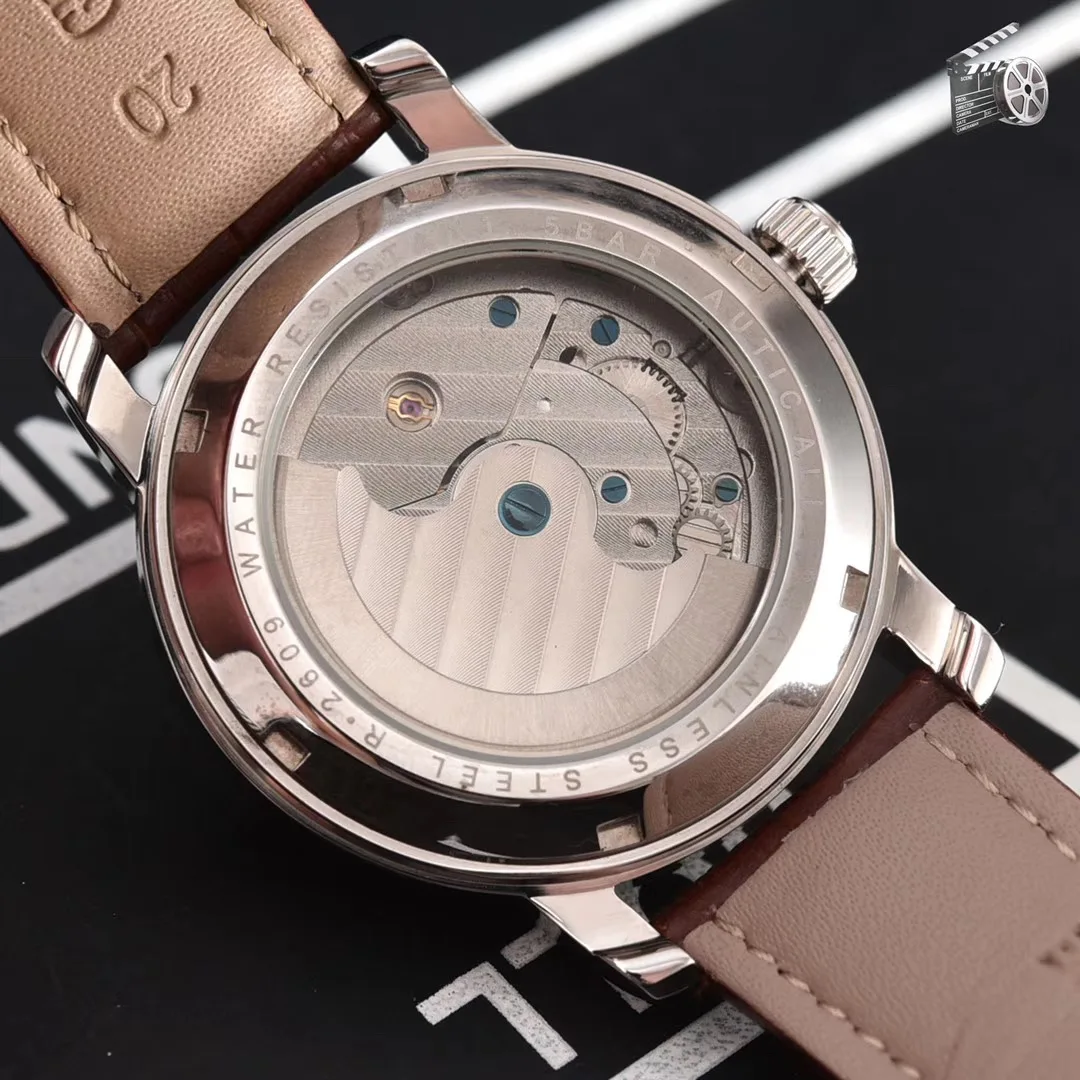 

Classic New Men Rose Gold Silver Brown Leather Automatic Mechanical Sapphire Moon Phase Tourbillion Watches Glass Back AAA+