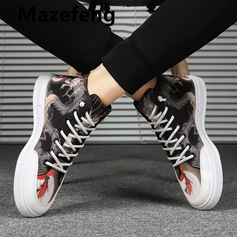 

Mazefeng Print Men's Anime Shoes Sneakers Autumn Winter PU Leather Classic High Top Men Vulcanized Shoes Casual Men's Boots Male