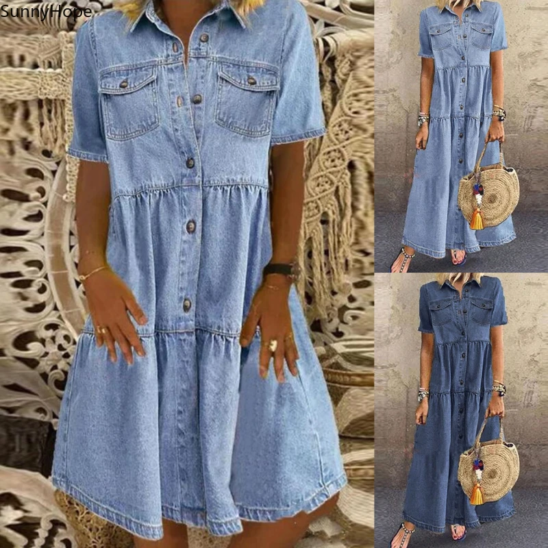 

Denim Dress Retro Women Short Sleeve Turn Down Collar Pockets Button Long Loose Denim Dress Pockets Button Long Loose Plus size