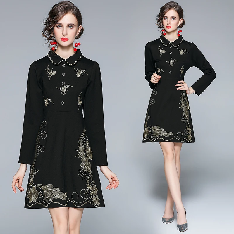 

Simgent Black Embroidery Dress Woman Long Sleeve Peter Pan Collar A Line Vintage Mini Dresses Autumn Winter Vestidos SG18122