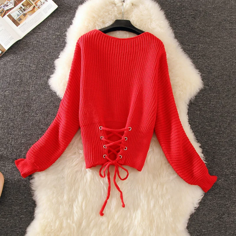 2020 Autumn Long Lantern Sleeve O Neck Peplum Sweaters Women Sweet Lace Up Waist Female Ruffles Knitted Pullovers Tops | Женская одежда