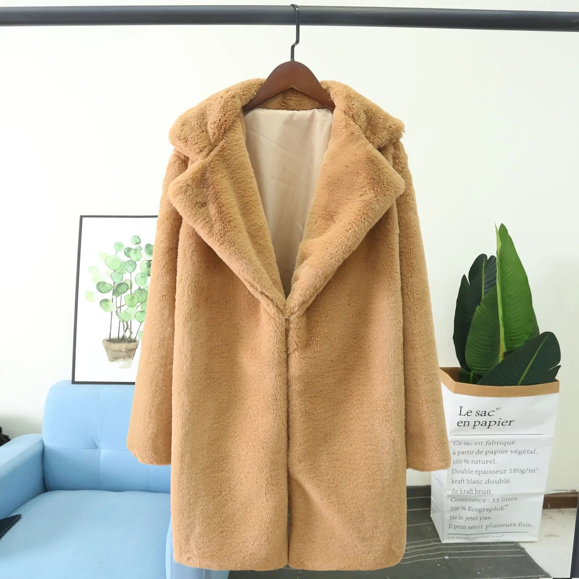 Hot Sale Yellow Faux Fur Winter Jacket Women Loose Turn-down Collar Warm Plus Size Fashions Coat 3XL 4XL Middle Length Overcoats