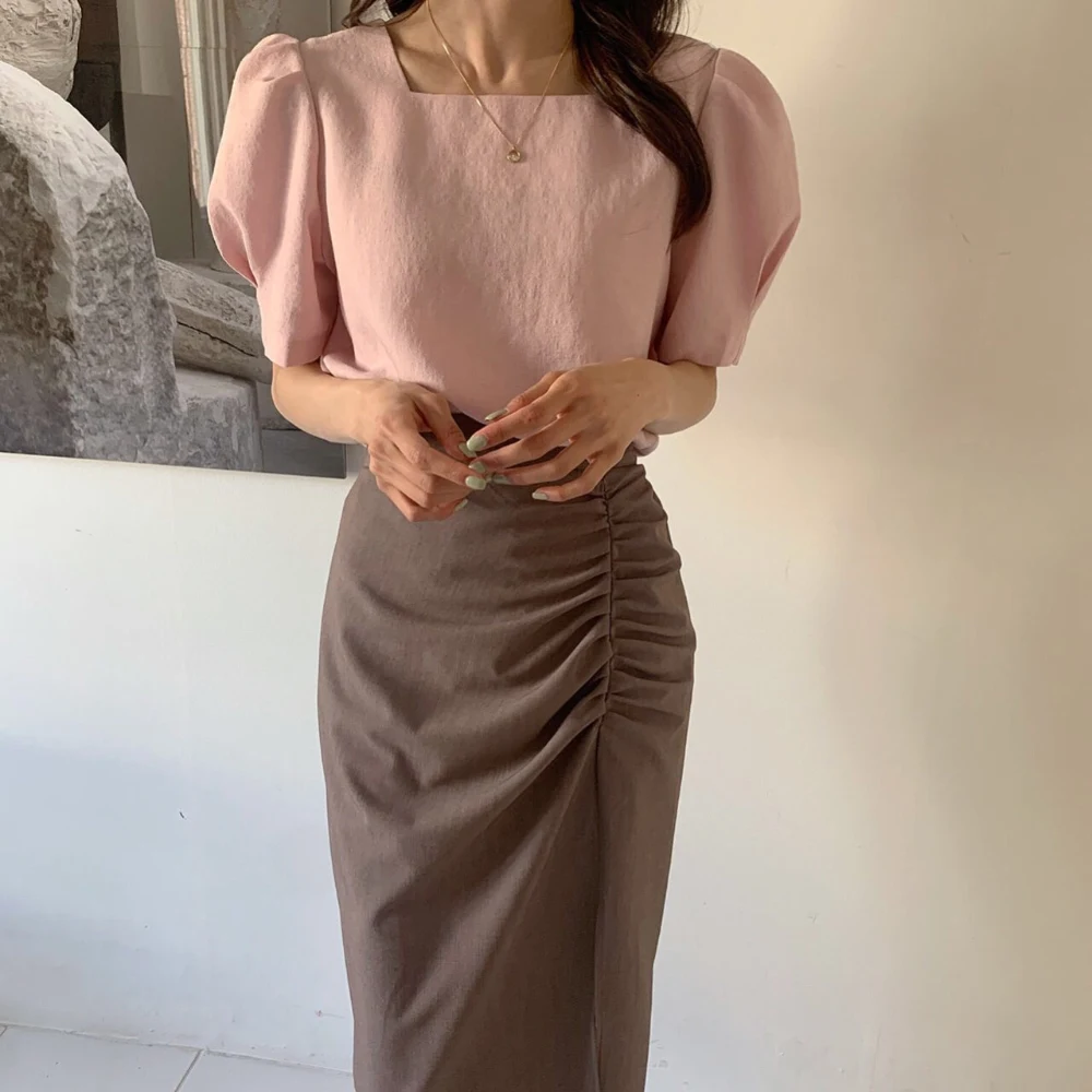 

CMAZ 2021 Summer 2 Piece Set For Women Fashion Square Collar Puff Sleeve Blouse Tops High Waist Long Female Skirt Sets 1811#