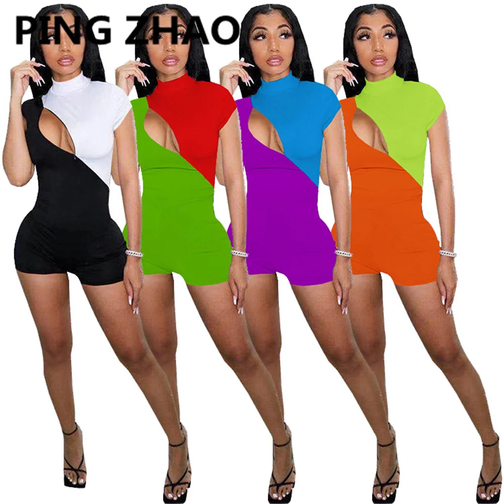 

PING ZHAO Women Playsuit Patchwork Sleeveless Half High Collar Hollow Out Sheath Elastic Bodycon Playsuits Summer Outfit