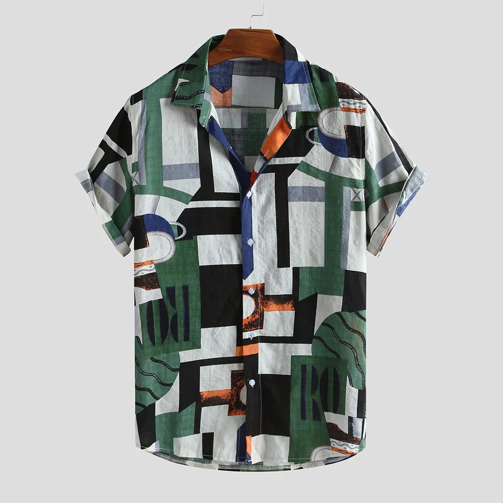 

2021Mens Vintage Ethnic Style Printing Loose Short Sleeve Stand Collar Casual Shirt daily wearing high quality office big blouse