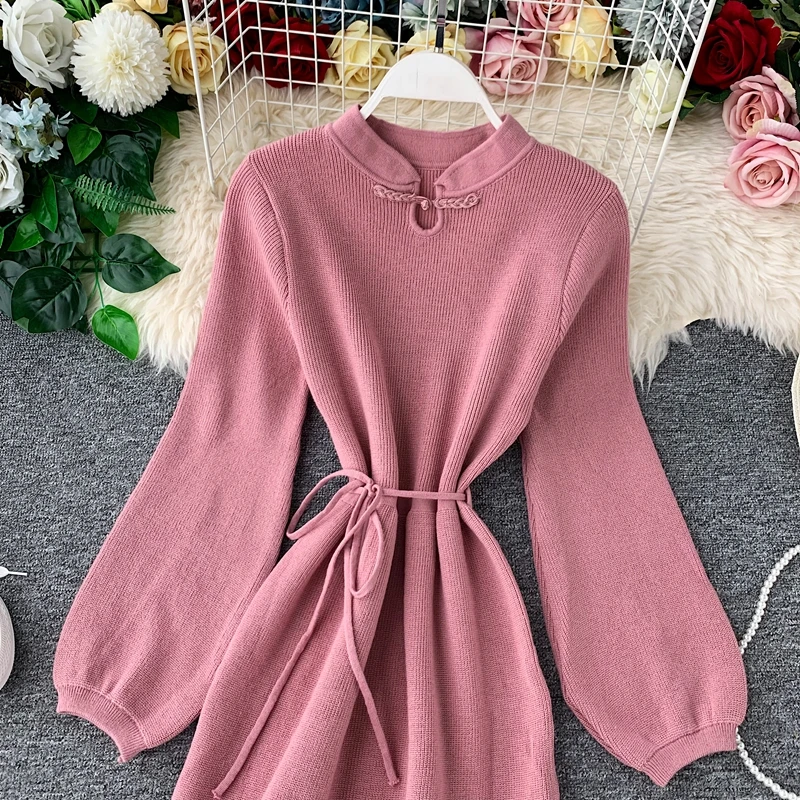 Женское вязаное платье с длинным рукавом повседневное облегающее винтажное