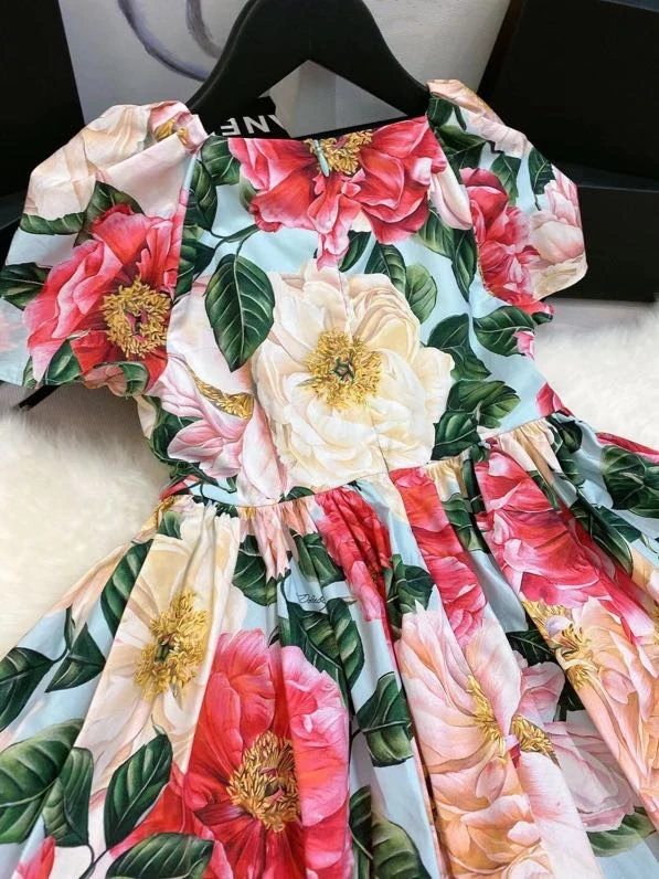 

2021 summer new children's digital printing big flower Short Sleeve Dress Girls' Birthday Dress Party Dress Girls' holiday dress
