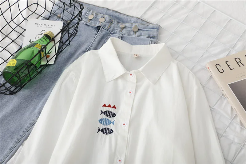 Women Blouses Shirts Tunic Womens Tops 2020 Womenswear Long Sleeve Clothing Button Up Down White Embroidery Fish New Fashion