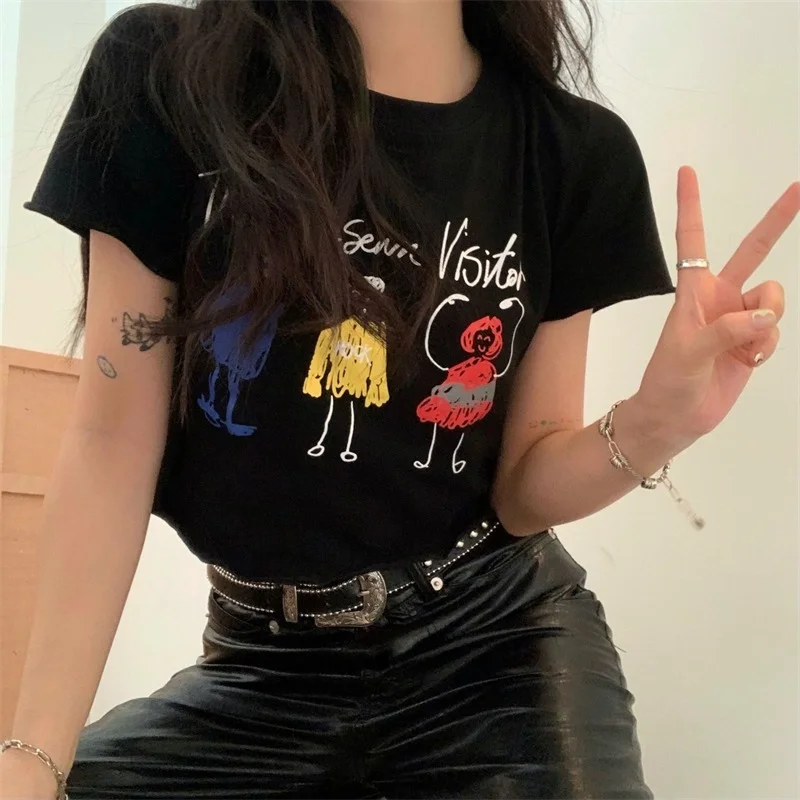 

Street Style Summer New Women's Clothing Funny Fun Doodle Printed T-Shirts Leaking Umbilical Crimping O-Neck Cropped Top T-shirt