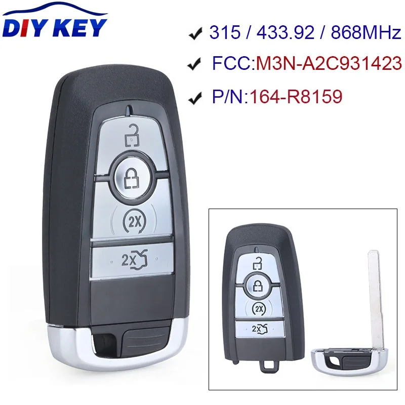 

DIYKEY 315MHz/433.92MHz/868MHz FCC: M3N-A2C931423 P/N: 164-R8159 4 Button Smart Remote Car Key Fob for Ford Mustang 2017 2018