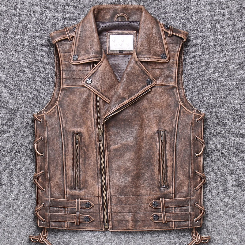 

Retro Brown 2020 Men Ameican Motorcylce Leather Vest Plus Size XXXXL Genuine Cowhide Autumn Slim Fit Biker's Vest FREE SHIPPING