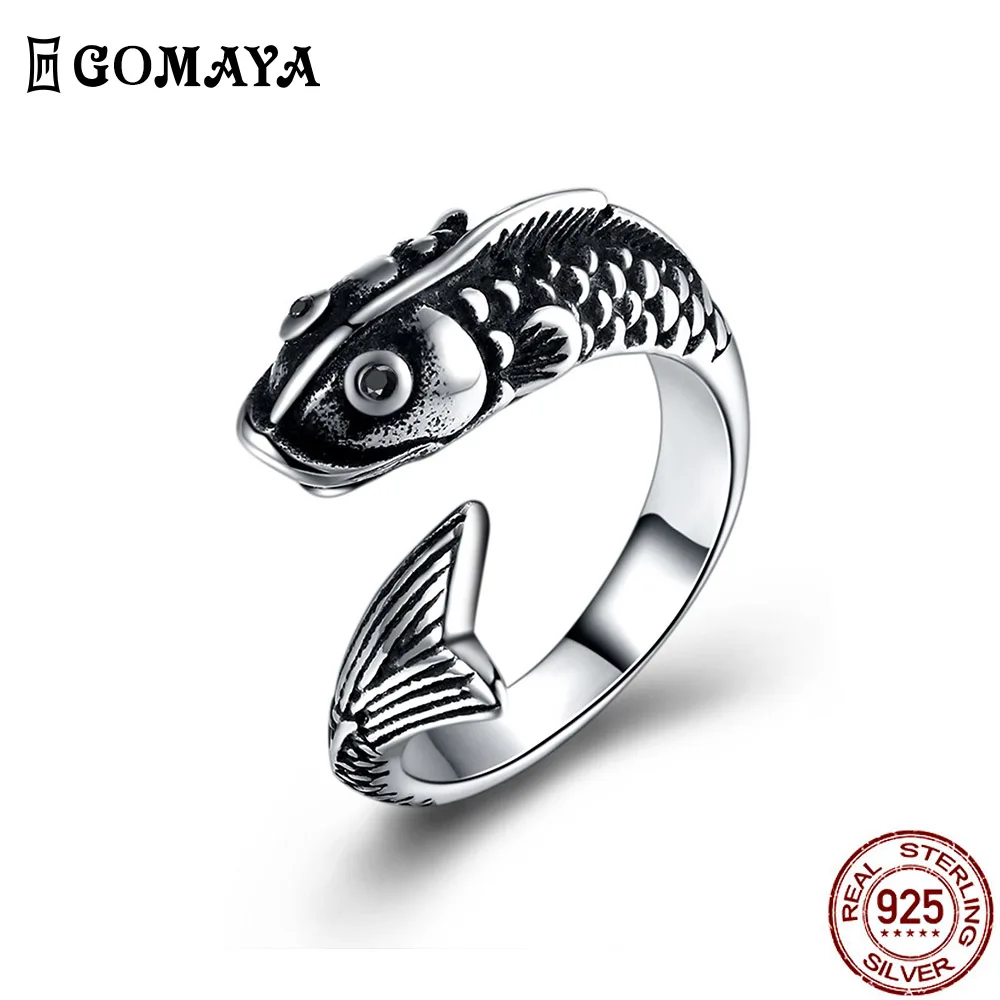 

GOMAYA 316L Stainless Steel Fish Rings For Men Black Flat Ring Personality Vintage Style Anniversary Fashion Jewelry Hot Sale
