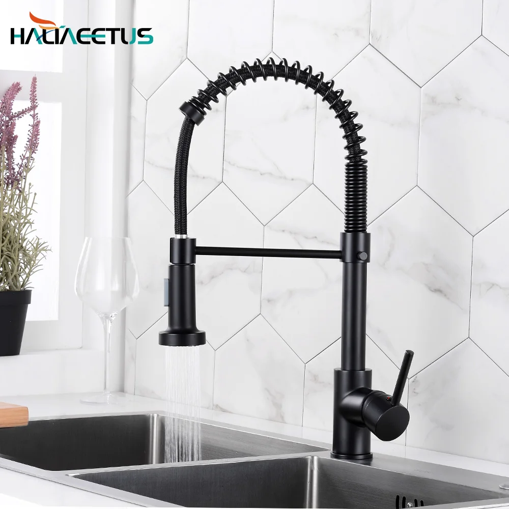 Black Spring Style Kitchen Faucet Deck Mounted 360 Degree Rotation Sink Tap Hot And Cold Mixer Pull Down Sprayer Nozzle Faucets |