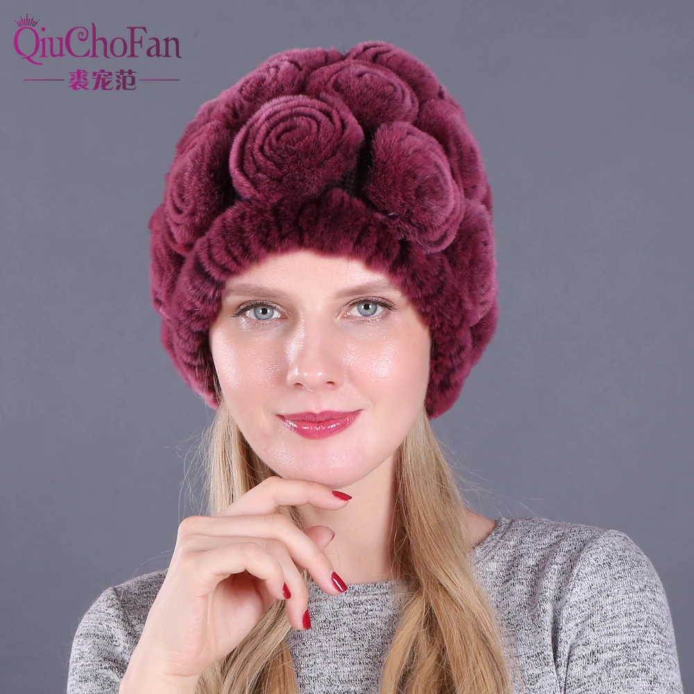 

New Women Skullies Genuine Real Rex Rabbit Fur Hat Winter Floral Rex Rabbit Fur Beanies Cap Girls Flowers Rex Rabbit Fur Caps