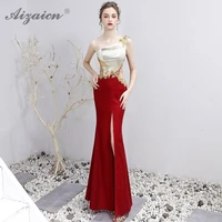 red white luxery mermaid long dresses cheongsam modern one shoulder slim gown qi pao traditional chinese evening dress qipao