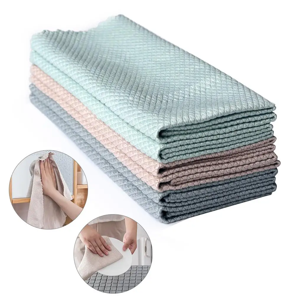 

3Pcs Wipe Glass Fish Scale Cleaning Cloth Soft Durable Water-absorbing Kitchen Degreasing Cleaning Cloth For Stove Sink Car