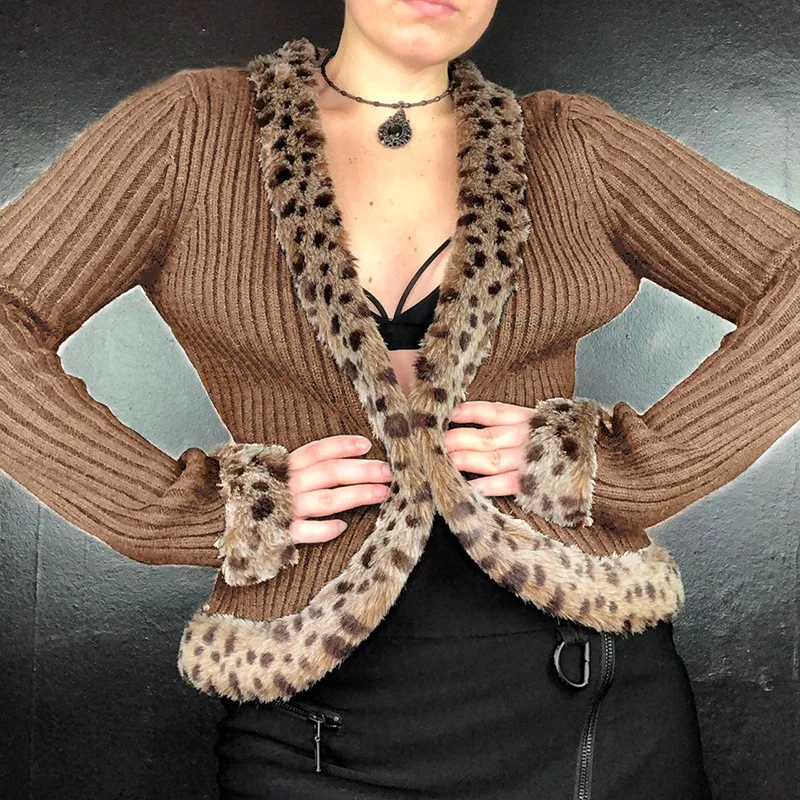 

Зеленый кардиган Y2K в стиле ретро, рубашки, Женская милая одежда с леопардовой меховой отделкой, винтажная сказочная Осенняя верхняя одежда ...