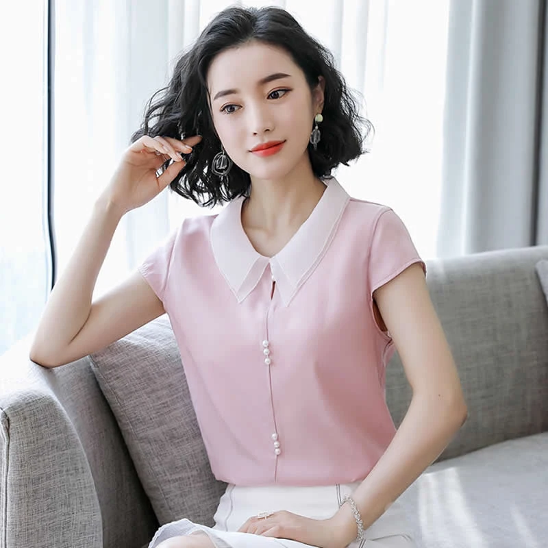 

2021 Women Spring Summer Style Blouses Shirts Lady Casual Short Sleeve Peter Pan Collar Blue Pink Blusas Tops