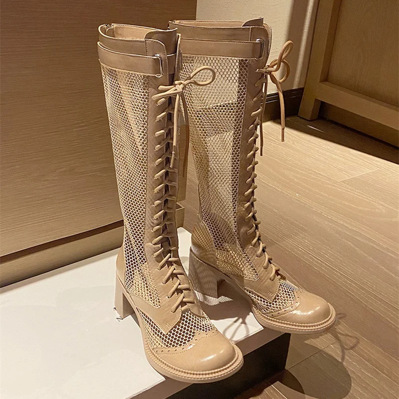 

Ботинки женские на шнуровке, натуральная кожа, высокий каблук, перфорированная подошва, гладиаторы, летняя обувь, P11B