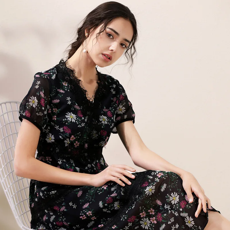 

2021 new women's summer fashion short sleeve waist Black Floral Lace Chiffon dress long skirt