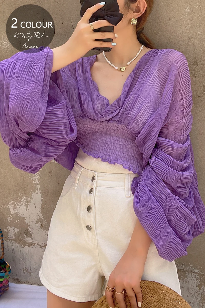 

SHENGPALAE V-neck Puff Long Sleeve Short Blouses Women's Summer 2021 New Purple Large Size Elastic Waist Shirt Female 16E849