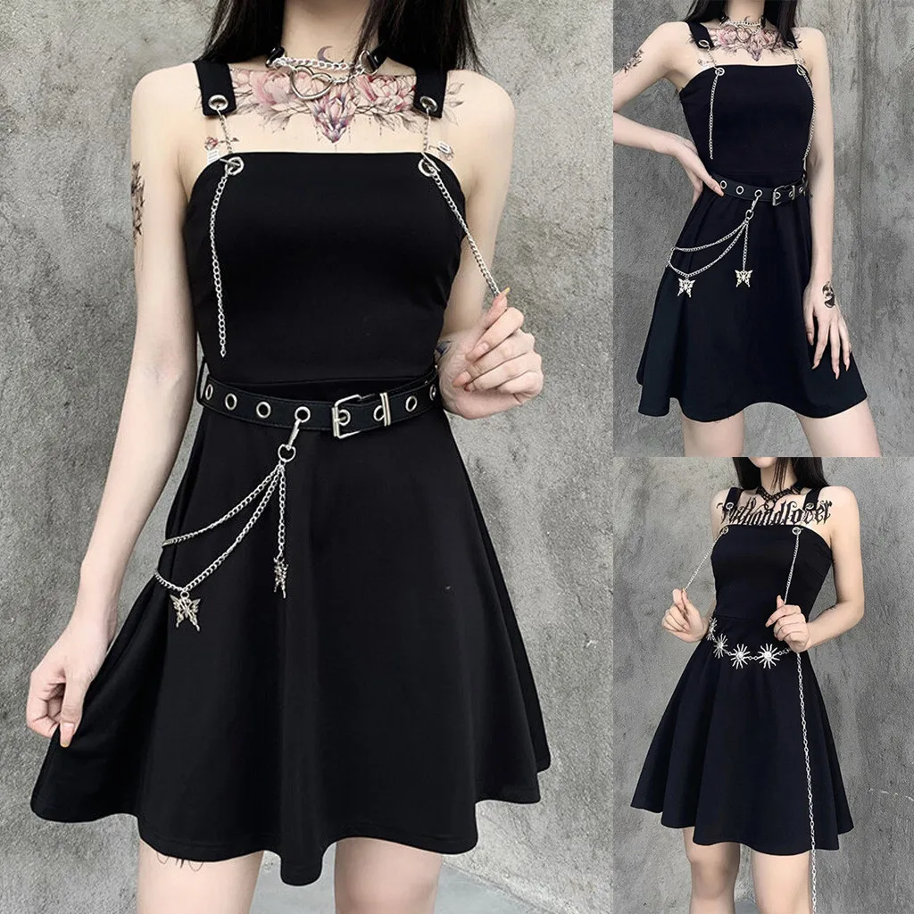 

Women's Gothic Style Solid Color Metal Accessories Belt Hole Dress Summer Fashion Sleeveless Suspender Strapless Slim Mini Skirt