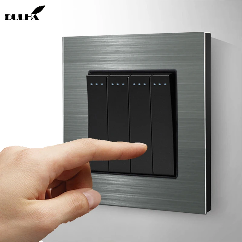

Luxurious 4 Gang 1 Way Wall Light Switch Gray Color Brushed Aluminum Satin Metal Panel Electrical Push Button Rocker Switches