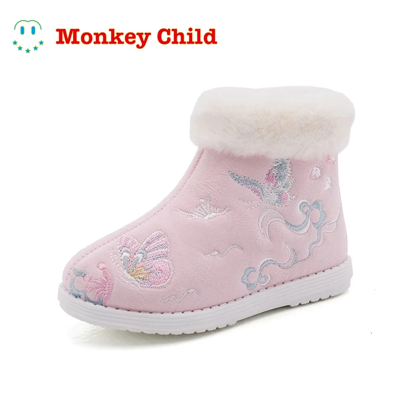 

Children Cotton Boots Shoes Winter Plush Velvet Warm Shoes Kids Girls Thick Embroidered Chinese Style Hanfu Shoes Ancient Boots