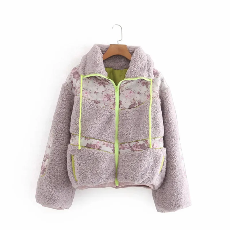 

Зимнее пальто, женская куртка с цветочным принтом, парки из искусственного меха в стиле пэчворк, с длинным рукавом, неоновая молния, Теплые п...