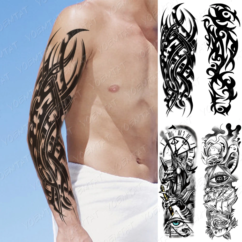 

Waterproof Temporary Full Arm Tattoo Sticker Flame Totem Thorns Eye Clock Demon Flash Tatoo Man Body Art Fake Sleeve Tatto Women