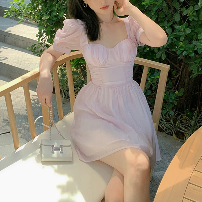 

Elegant Princess Fairy Dress Women 2021 Summer Hollow Out Design Korean Bandage Mini Dress Sexy Backless Dresses for Women Party