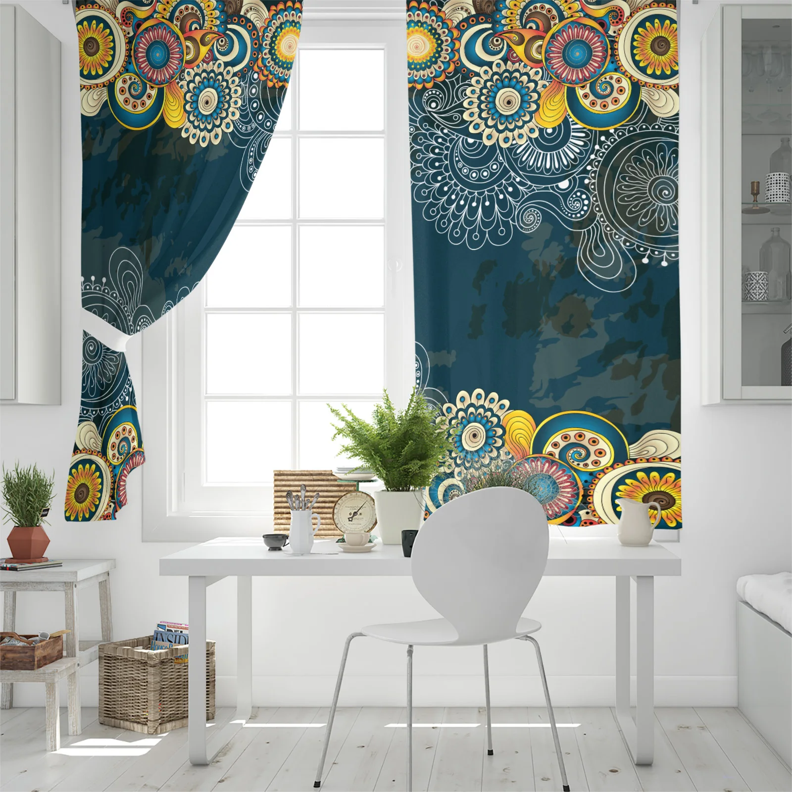 Индийские этнические ретро цветочные синие светонепроницаемые шторы Детские