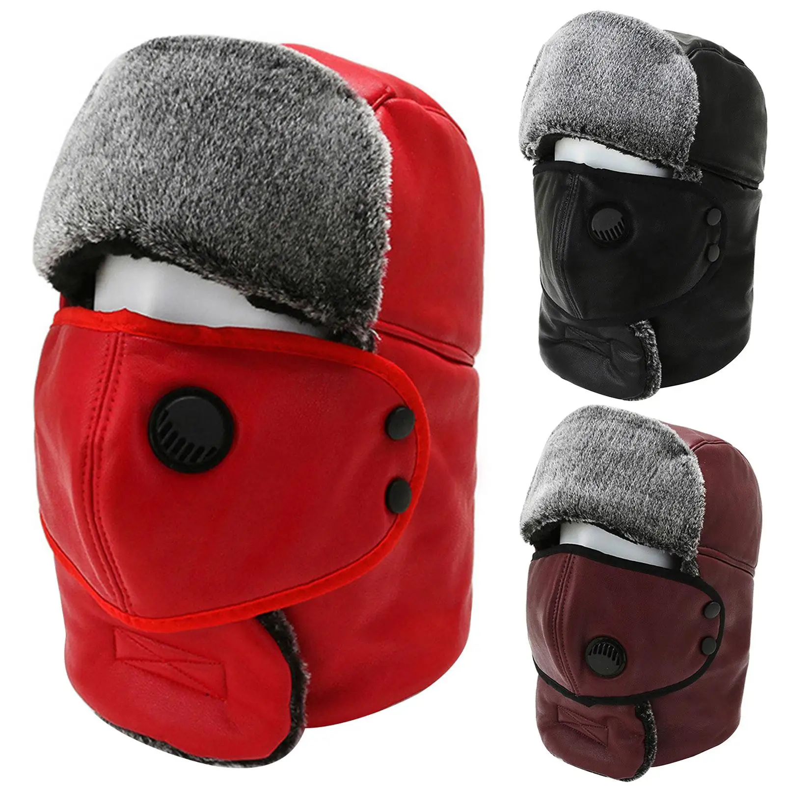

Men Women Thickened Soft Bomber Hats Winter Windproof Keep Warm Hat Faux Leather Cute Little Ear Cap Dustproof Face Cover Hat