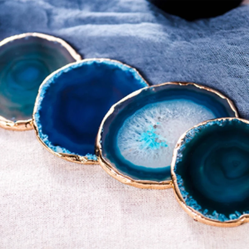 

2Pcs Agate Slice Blue Agate Coaster Teacup Tray Decorative Design Stone Coaster Gold Edges Home Decor Gemstone Coaster