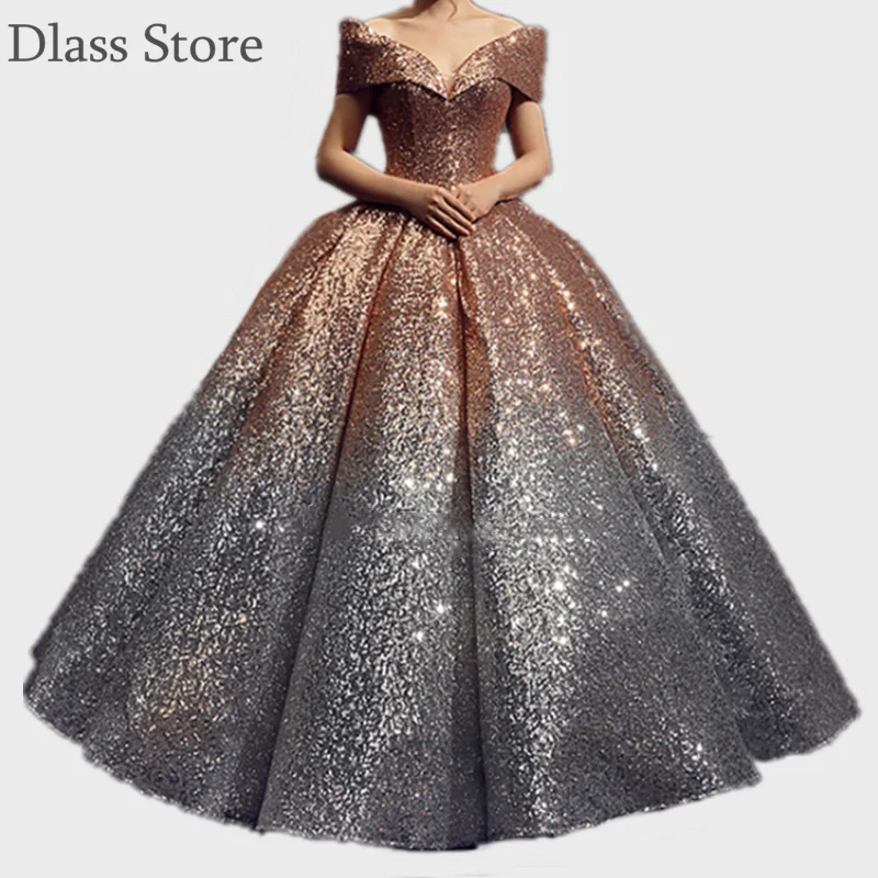 

Contrast Color Evening Dresses 2020 Ball Gown Shinny Off Shoulder V-neck Lace-up Back Hot Sale Quinceanara Graduation Dresses