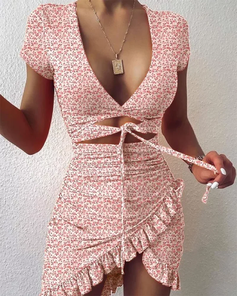 

Floral Print Fashion Tie Up Wrap Mini Dresses 2021 Summer Holiday Ruffles Sundress Ruched Women's Dress Short Sleeve vestidos mu