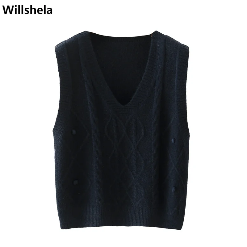 

2021 Women Fashion Knitted Tank Top V-Neck Vintage Sleeveless Sweater Vest Chic Tops Casual Woman Knit Pullover