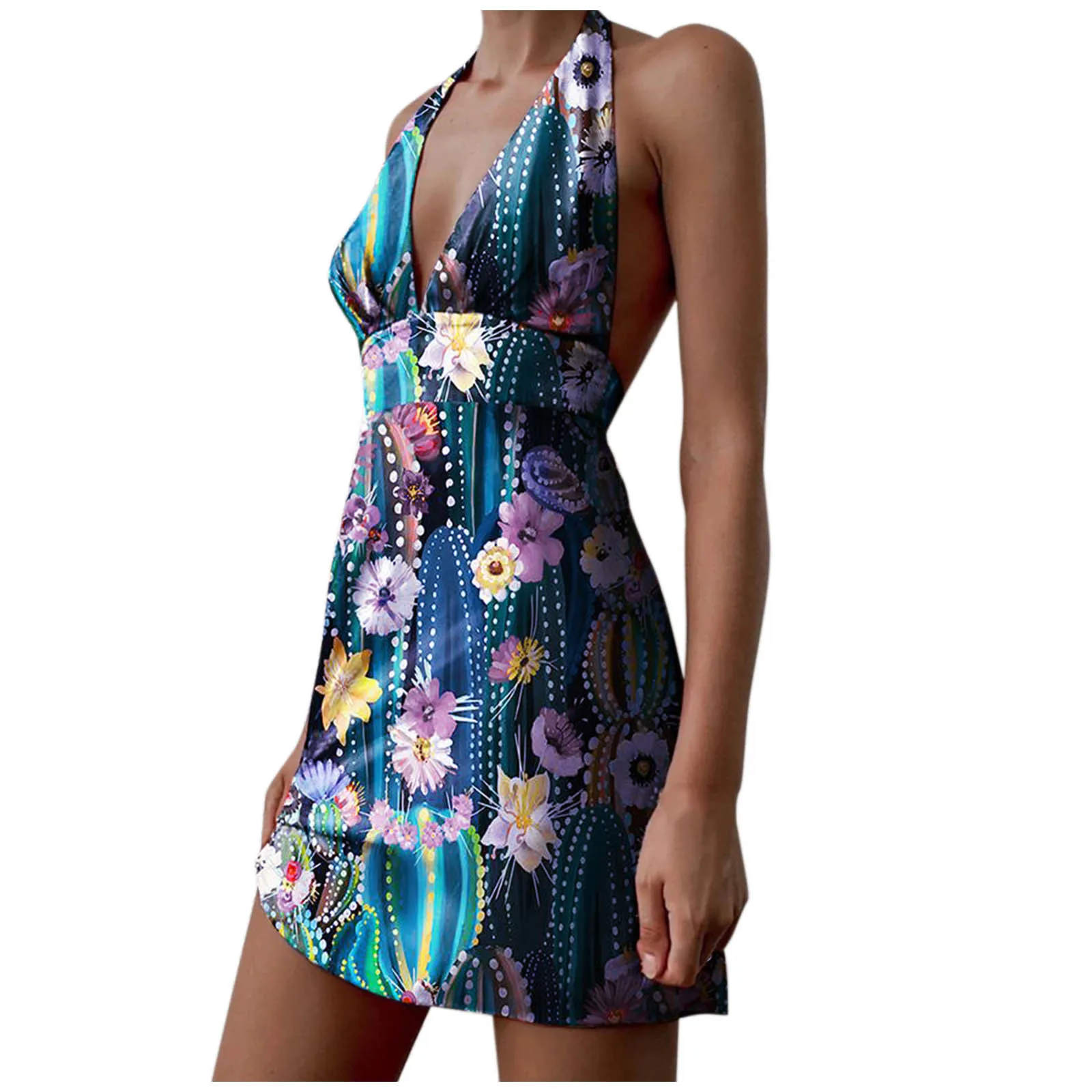 

Summer Women's Dresses Halter Sleeveless Sexy V-neck Floral Printed Mini Dress Summer Sexy Backless Beach Dress Vestidos Female