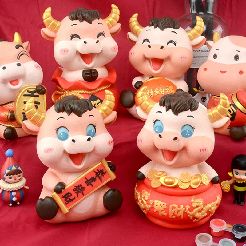 

Cow Figurines Year Of Ox Statue DIY Coloring Piggy Bank Ornament Chinese New Year