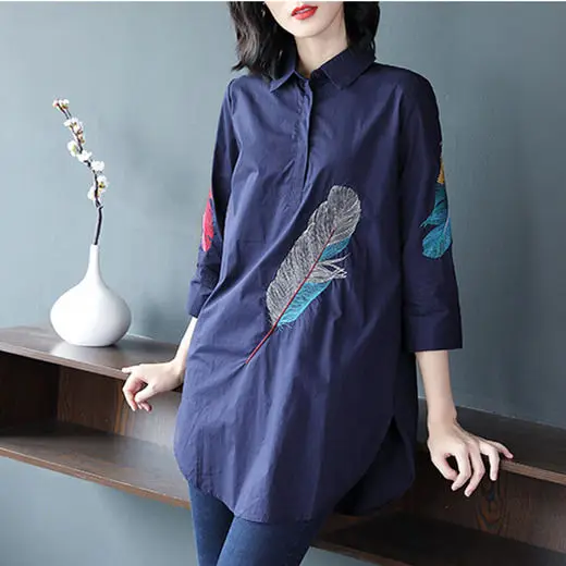 

100% Cotton 2020 Spring New Women Feather Embroidery White Long Shirts Blouses Casual Loose Tops Office Shirts Plus Size