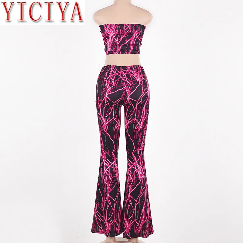 

Snake Skin Print Sexy Two Piece Set Women Tube Crop Top Flare Pants 2 Two Piece Matching Co Ord Set Women Festival Clothes