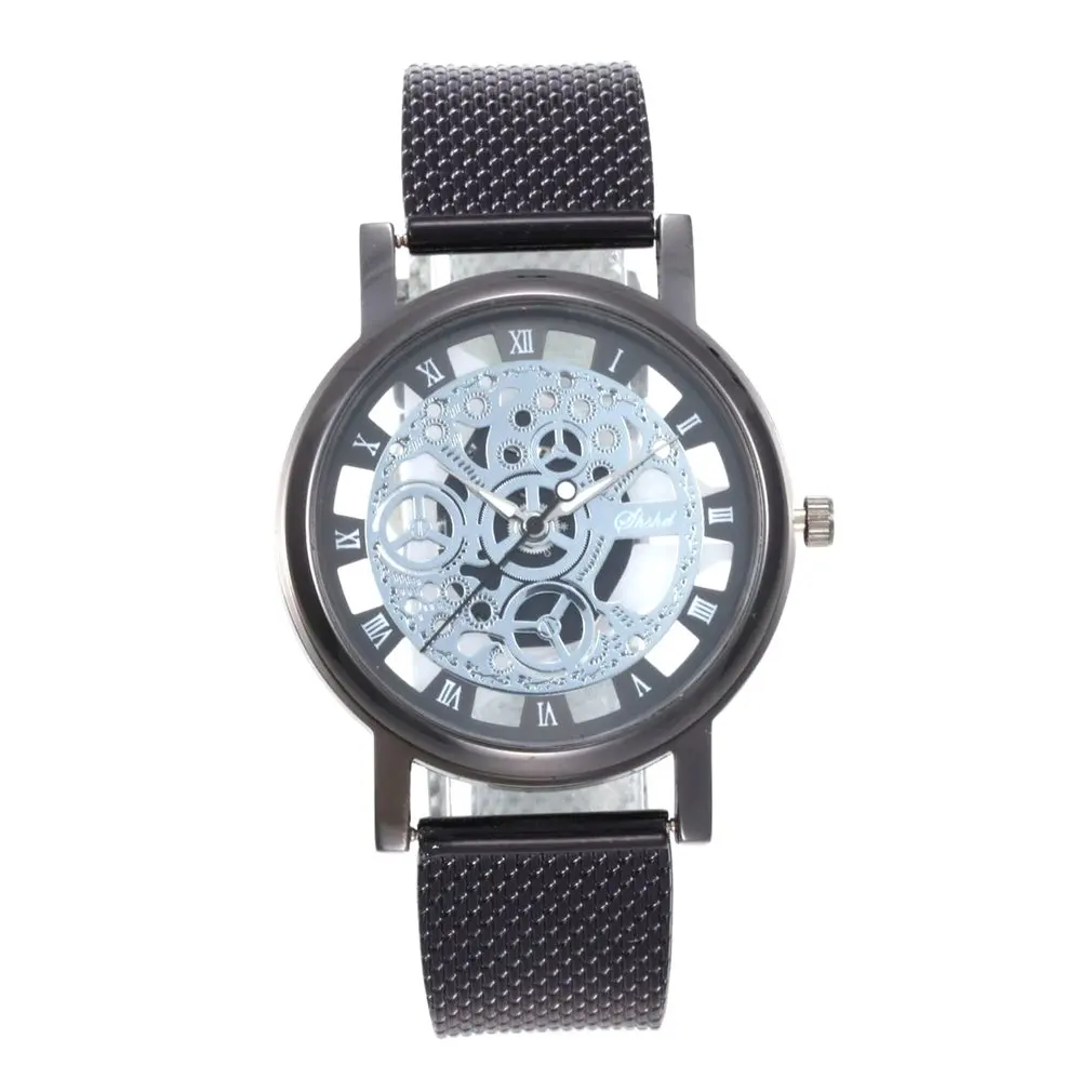 Модные наручные часы с скелетом для мужчин простой стиль сетчатый ремень и
