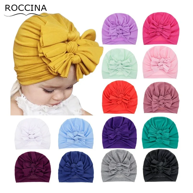 

New Fashion Big Flowers Baby Hats Newborn Elastic Baby Turban Hats for Girls Soft Cotton Infant Beanie Cap Baby Beanie 15 Colors