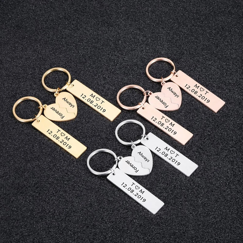 

Custom Bar Keychain for Men Personalized Stainless Steel Heart Engraved Name Charm KeyRing Women Couple Gift Dropshipping