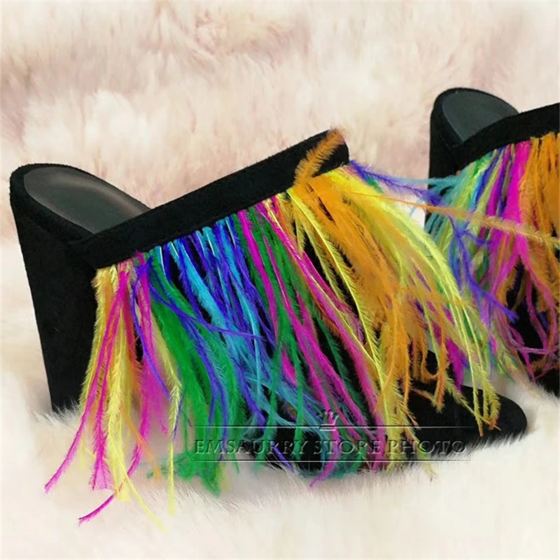 

Colorful Feather Decor Runway Mules Lady Luxury Suede Chunky Heel Sexy Open Toe Slingbacks Sandals Women Summer