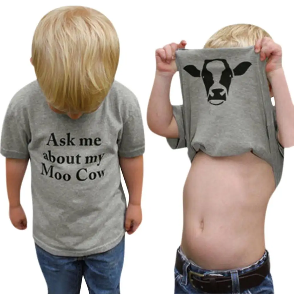 Ask My Moo Cow/милые детские топы для мальчиков футболка одежда с рисунком коровы