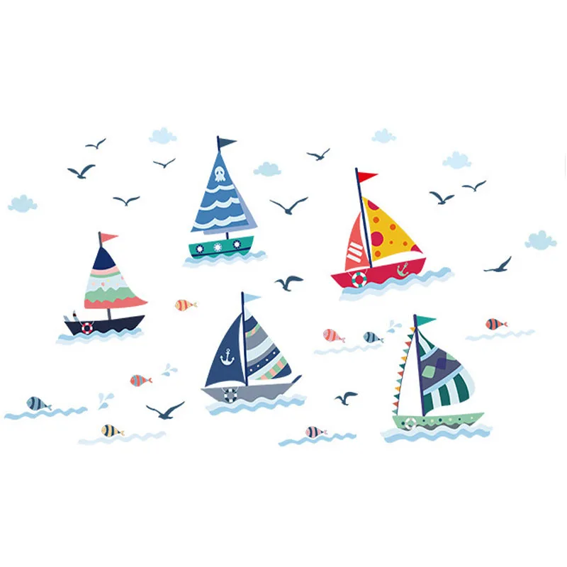 

Cartoon Sailboat with Sea View Wall Sticker for Kids Rooms Home Decoration Glass Window Background Mural Decals Poster